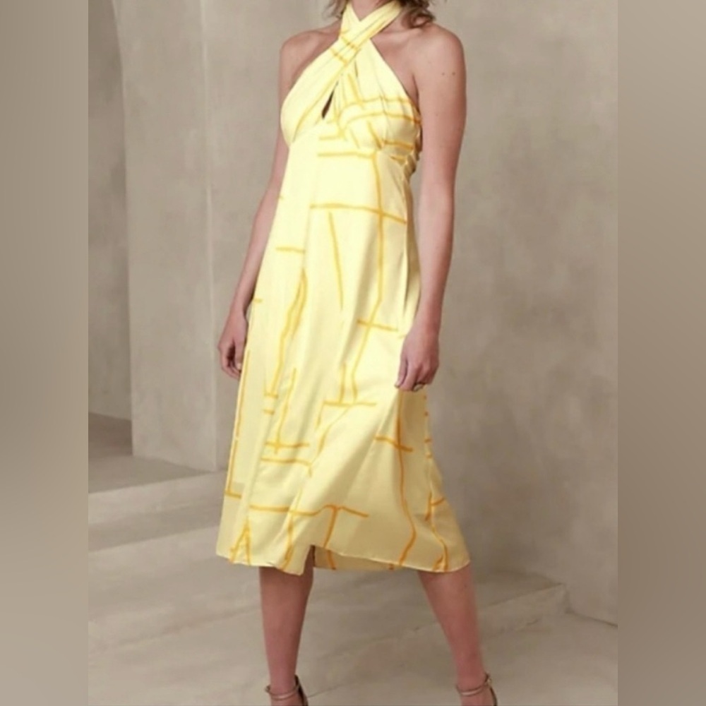Banana Republic Yellow Halter Midi Dress Size 8 Summer Cocktail